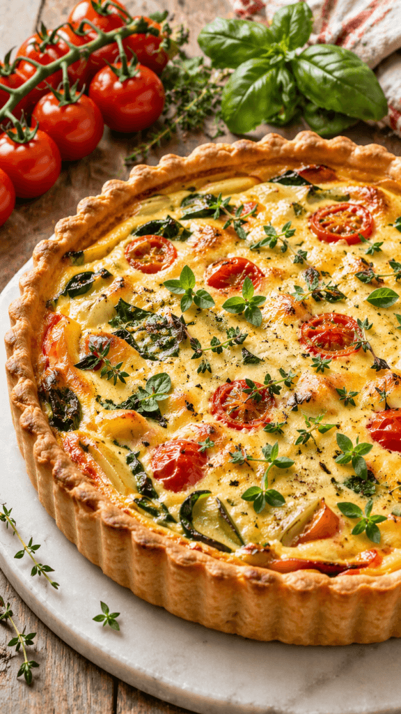 Vegan Brunch Delight: Savory, golden tofu quiche with fresh tomatoes, zucchini, and herbs—ideal for healthy eating. Save this idea so you can come back to it later.