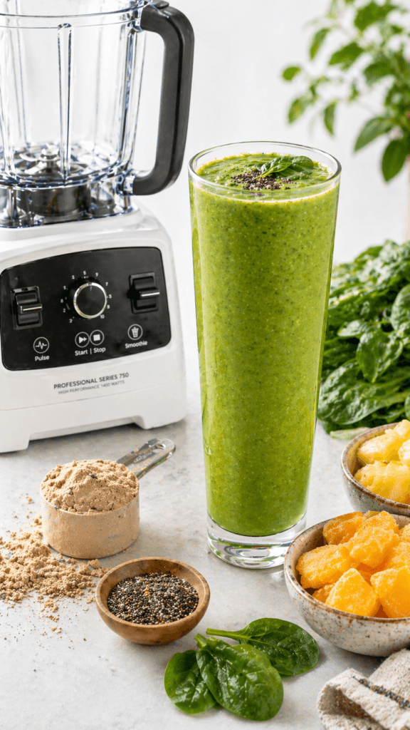 Green Power Smoothie: Refreshing, nutrient-packed smoothie with chia seeds, protein boost—ideal for energizing mornings. Save this idea so you can come back to it later.