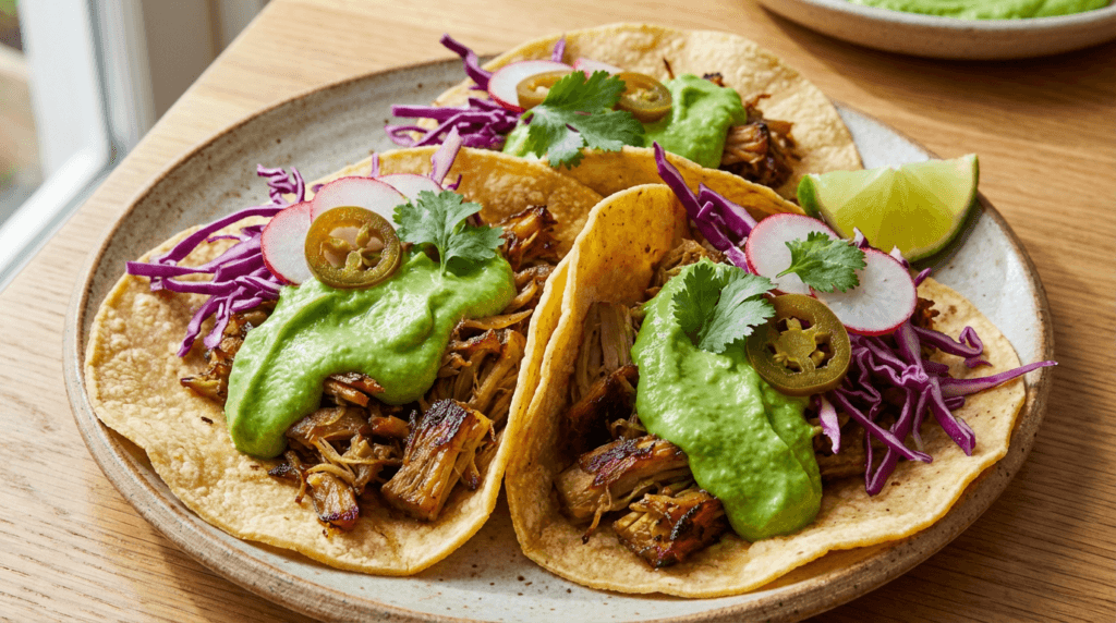 Jackfruit Taco Fiesta: Flavor-packed tortillas with zesty toppings, lime wedges & sunlight—perfect for vegan lunch. Save this idea so you can come back to it later.