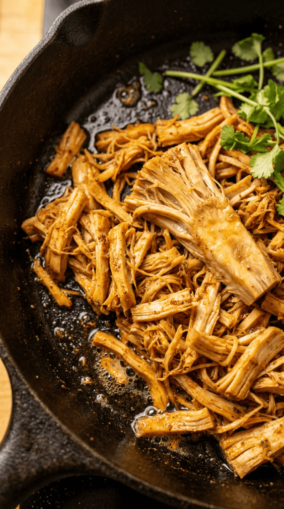 Jackfruit BBQ Magic: Tender, juicy jackfruit fries in a cast iron skillet with cilantro—ideal for easy vegan meals. Save this idea so you can come back to it later.