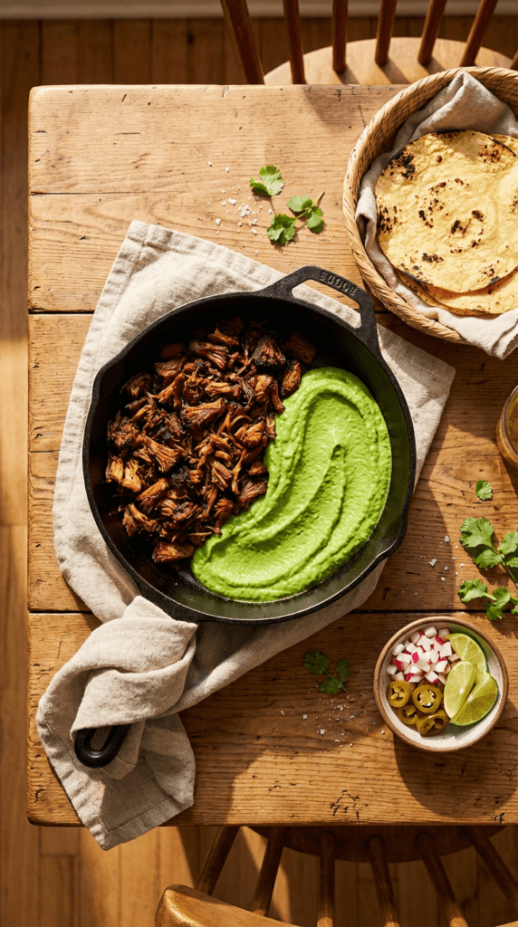Taco Night Done Right: Rustic cast iron skillet, juicy shredded vegan jackfruit carnitas, zesty green sauce—ideal for family feasts. Save this idea so you can come back to it later.