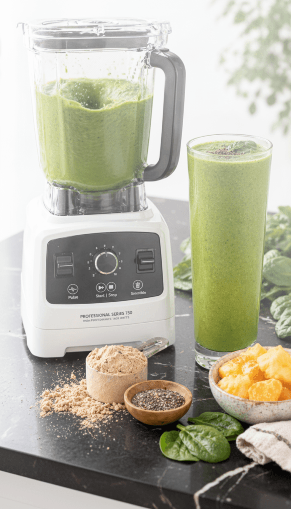 Green Smoothie Energy Boost: Vivid blender on sleek black counter, loaded with mango, spinach & chia—great for healthy mornings. Save this idea so you can come back to it later.