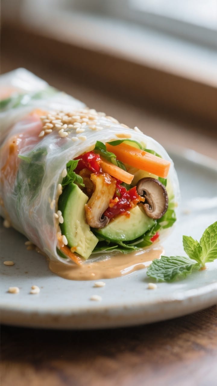 Close-up detail: A freshly rolled kimchi summer roll sliced on the bias to reveal vibrant layers—c