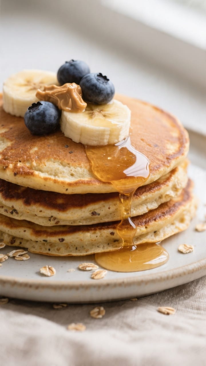 Close-up detail: A golden-brown stack of banana oat protein pancakes, edges gently crisp with visibl