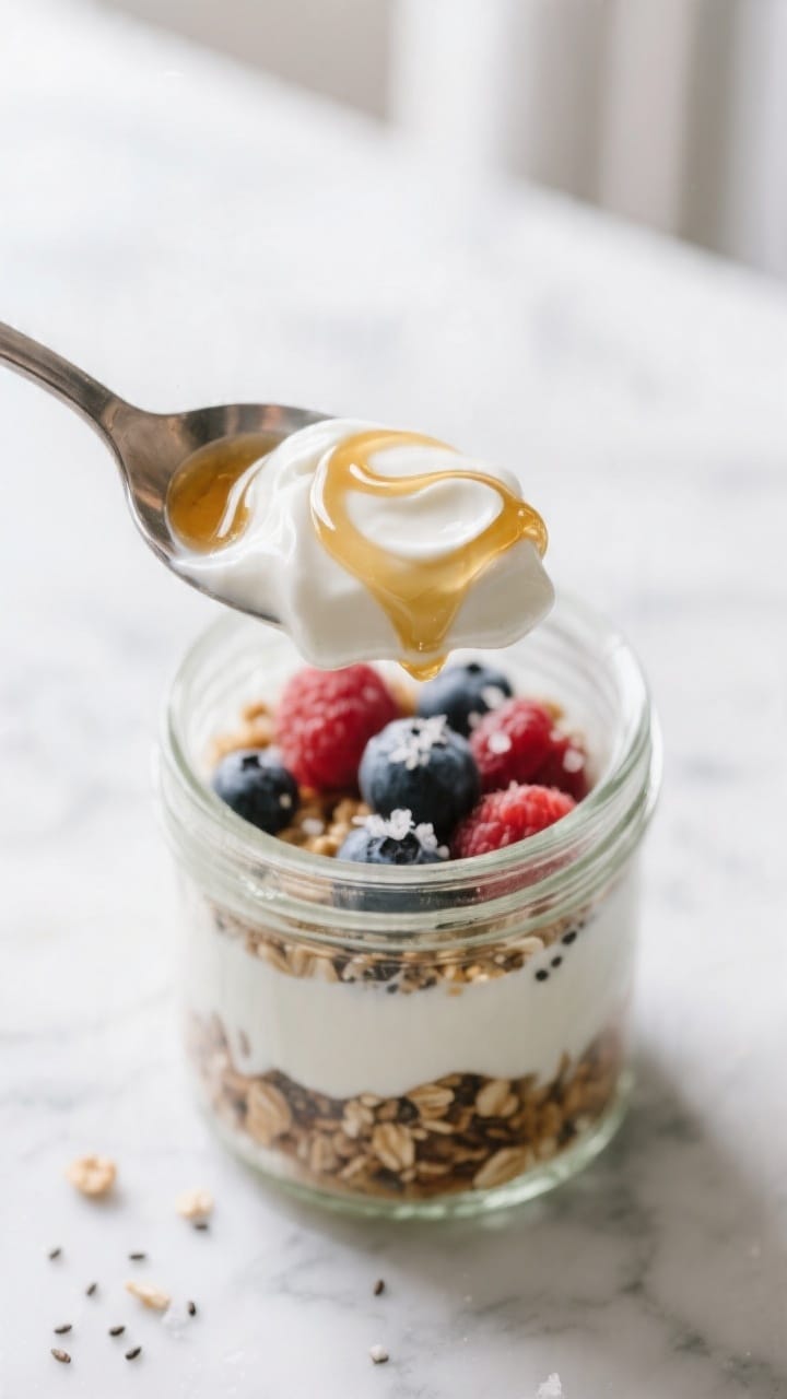 Close-up detail: A spoonful of thick Greek yogurt swirled with honey and a hint of vanilla hovering