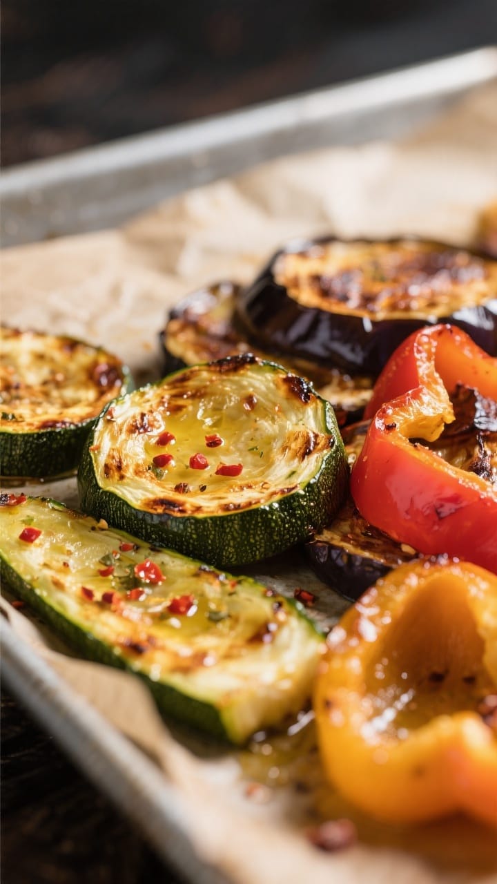 Close-up detail of caramelized roasted zucchini, eggplant, and tri-color bell peppers, made for roasted vegetable lasagna