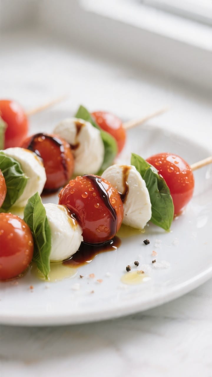 Close-up detail: A tight macro shot of assembled Vegetarian Caprese Skewers on a white platter, showing glossy balsamic drizzle