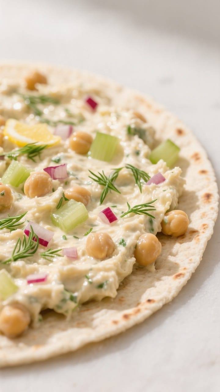 Close-up detail: A tortilla spread edge-to-edge with a thin, even layer of creamy mashed chickpea sa
