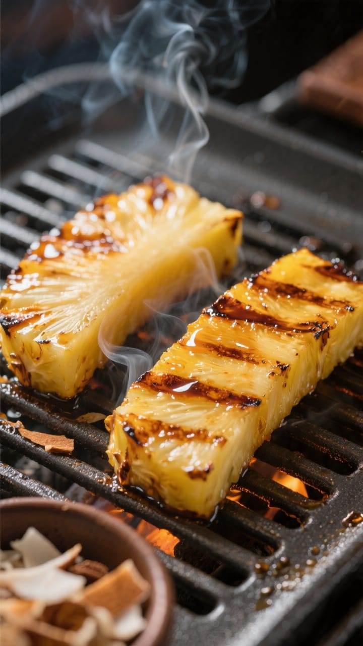 Close-up detail: Caramelized grilled pineapple with cinnamon spears sizzling on oiled grill grates 