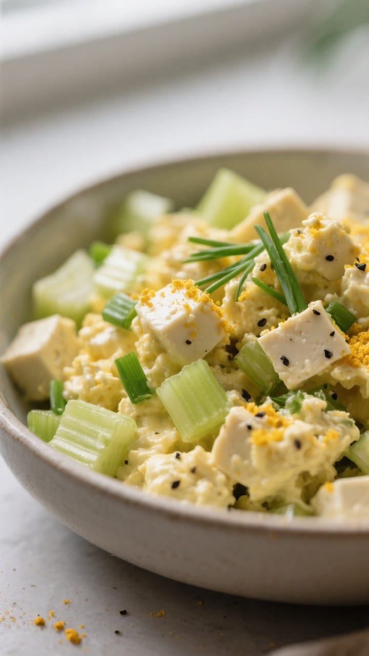 Close-up detail: Creamy vegan “egg” salad made with crumbled firm tofu folded with vegan mayo an