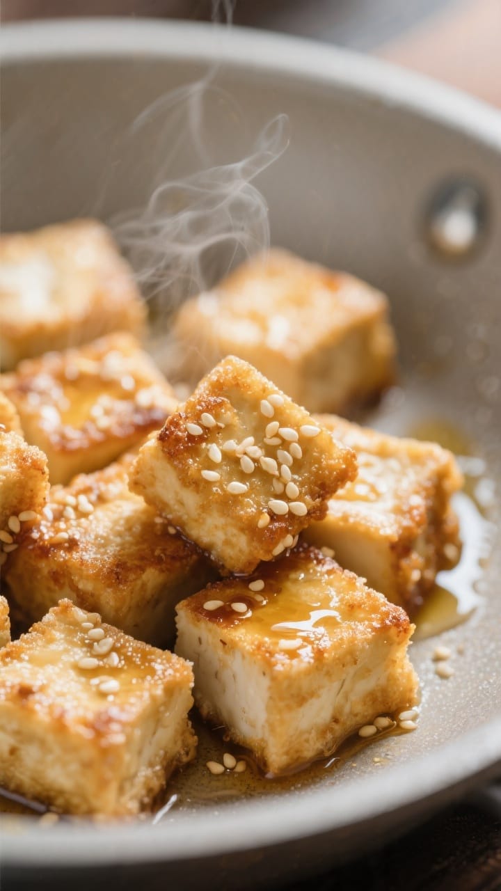 Close-up detail: Crispy sesame tofu cubes just out of the pan, golden and blistered with a glossy dr