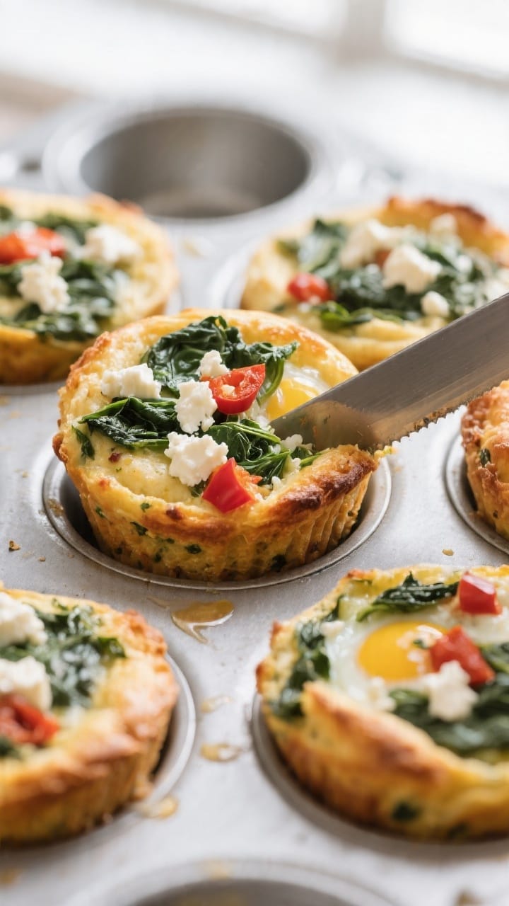 Close-up detail: Freshly baked spinach and feta egg muffins just out of the oven, tops puffed and se