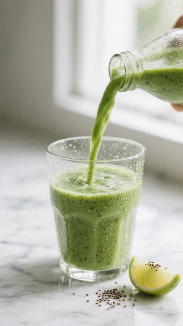 Close-up detail: freshly blended vegan green smoothie being poured in a smooth ribbon into a chilled