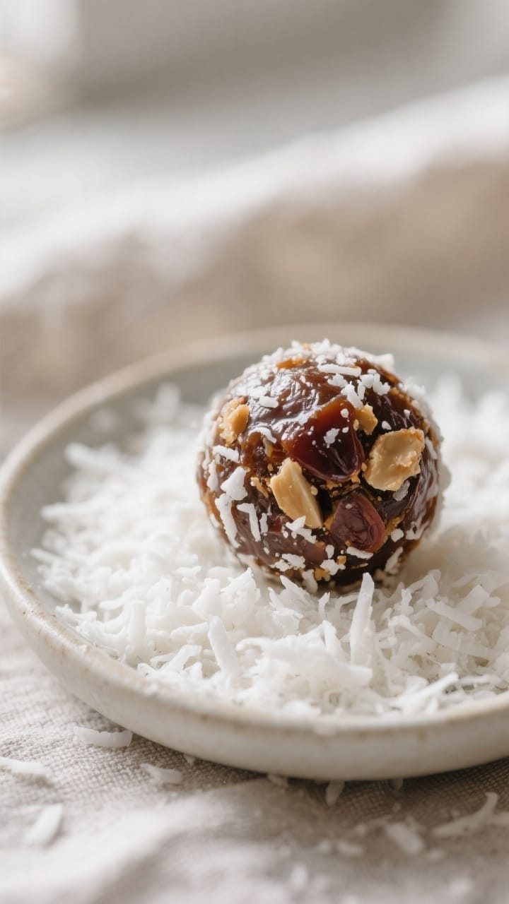 Close-up detail: Freshly rolled coconut date energy bites being coated—one glossy, chewy ball mid-