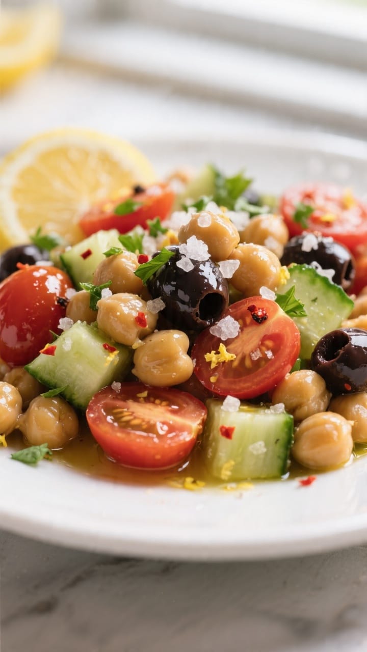 Close-up detail: Glossier-than-glossy chickpeas tossed with diced English cucumber, halved cherry to
