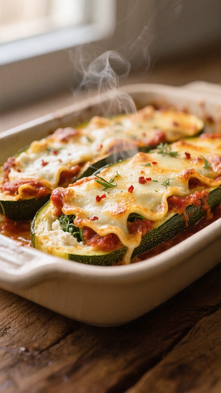 Close-up detail: Golden, bubbly vegan lasagna zucchini boats just out of the oven