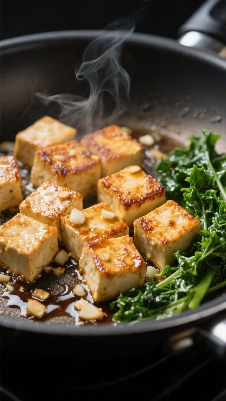 Close-up detail: Golden, crispy pan-seared tofu cubes sizzling in a nonstick skillet, edges deeply b