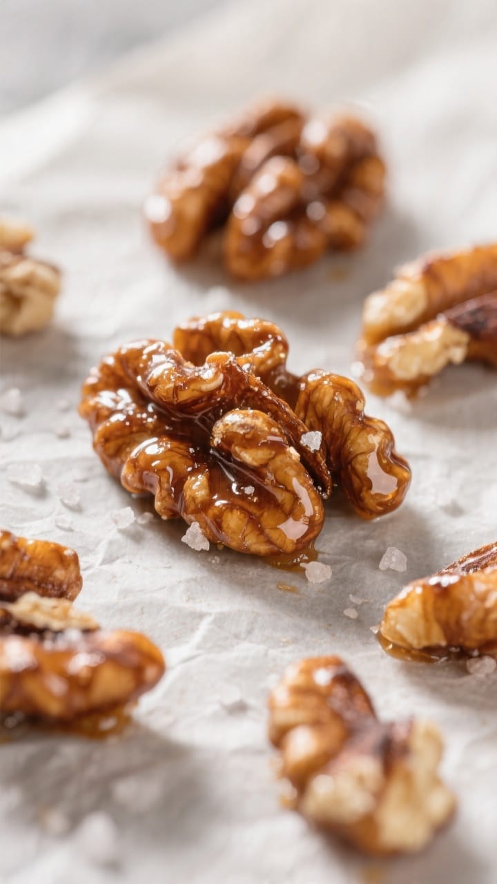 Close-up detail: Macro shot of glossy candied walnuts just set on parchment, glistening maple sheen