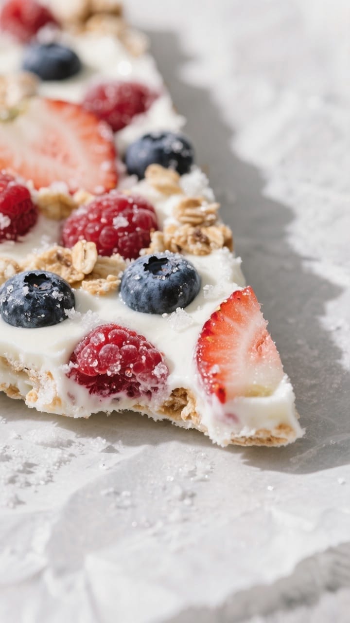 Close-up detail of a snapped shard of fully frozen yogurt berry bark held flat on parchment: creamy
