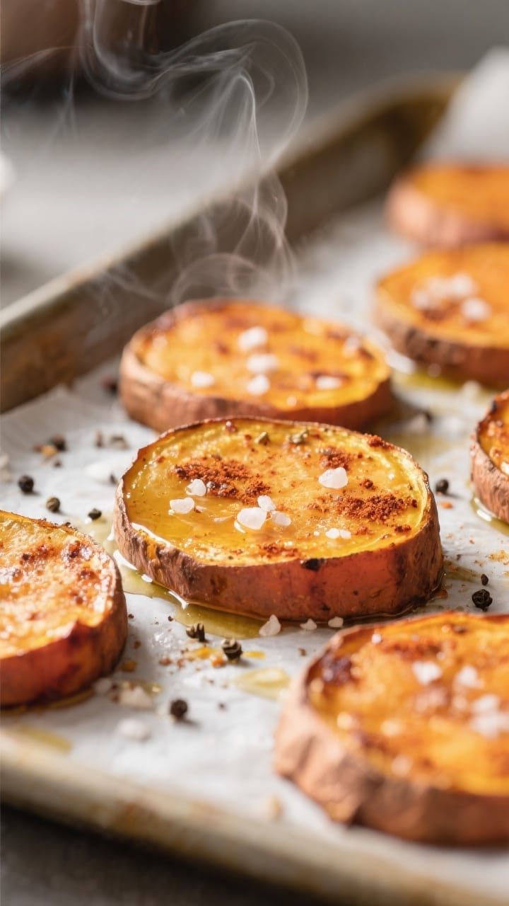 Close-up detail: Roasted sweet potato rounds fresh from the oven, golden-brown, crisped edges with a