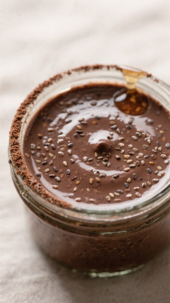 Close-up detail: Silky chocolate chia pudding just set in a glass jar after the second whisk, glossy