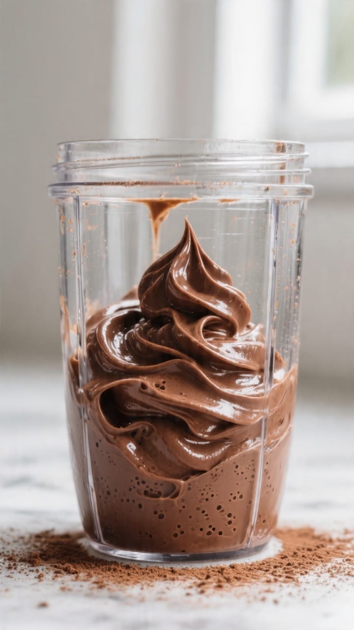 Close-up detail: Silky vegan chocolate avocado mousse mid-blend in a glass blender jar, glossy ribbo