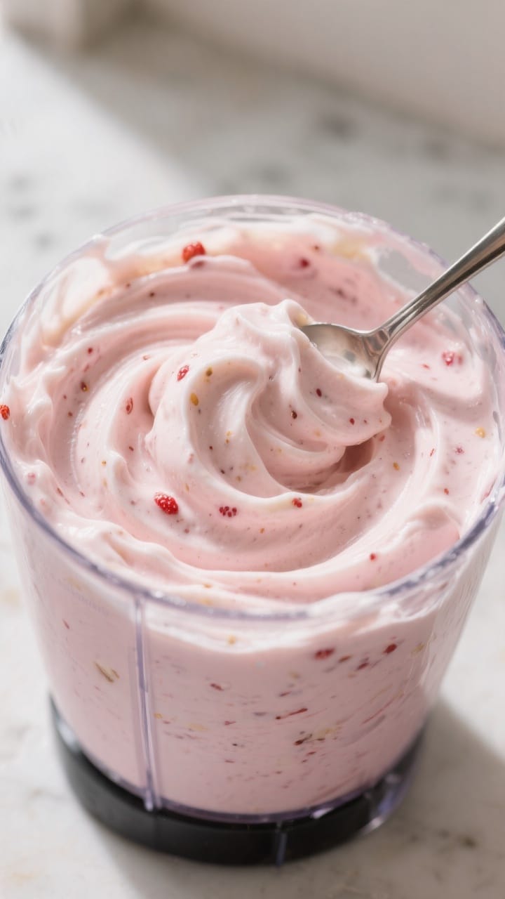 Close-up detail: Spoonable strawberry banana nice cream mid-blend in a high-powered blender jar, thi