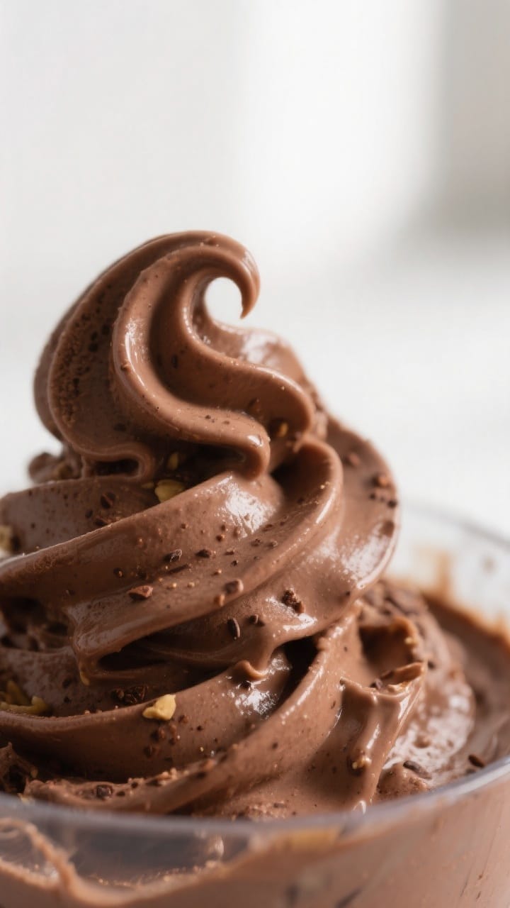 Close-up detail: Thick, creamy vegan chocolate banana ice cream just blended in a food processor, ri