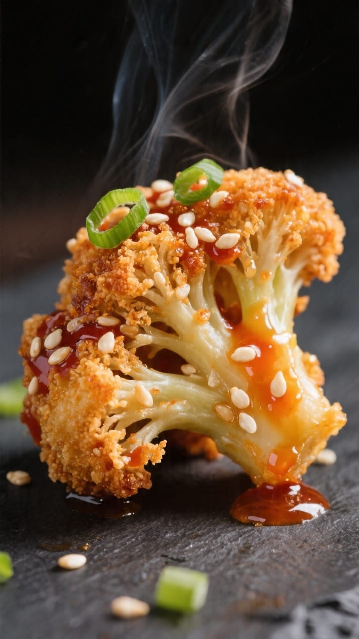 Close-up detail: Ultra-crispy baked cauliflower bite just tossed in glossy sweet chili sauce, sesame