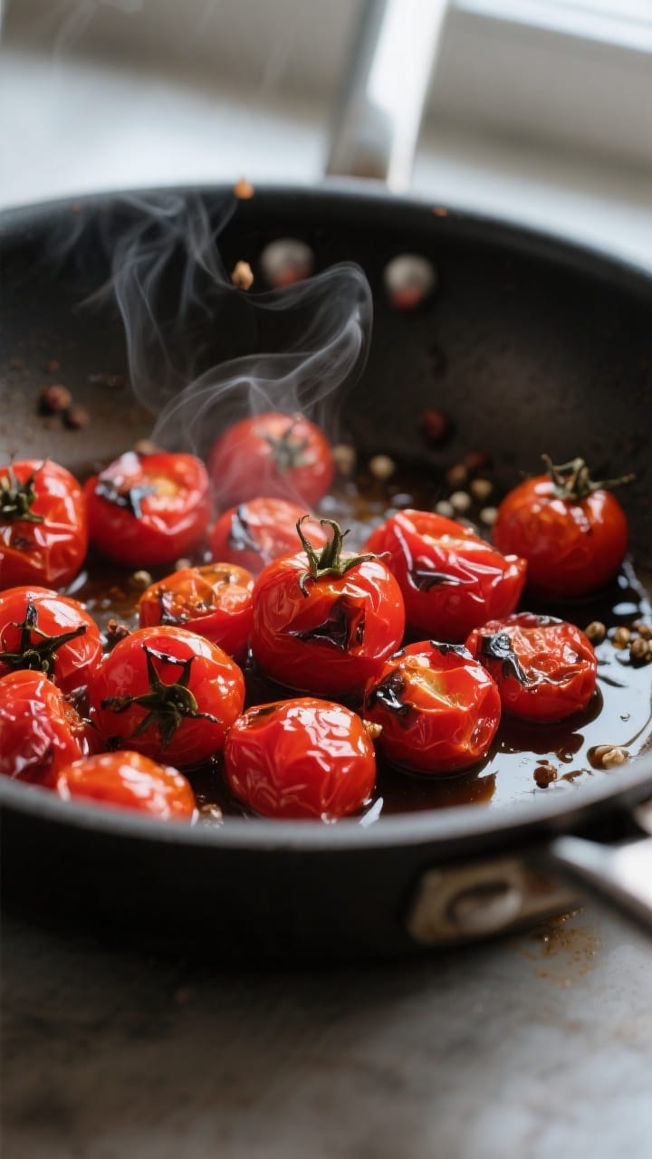 Cooking process action: Burst cherry tomatoes in a sauté pan, blistered skins and pooled ruby juice