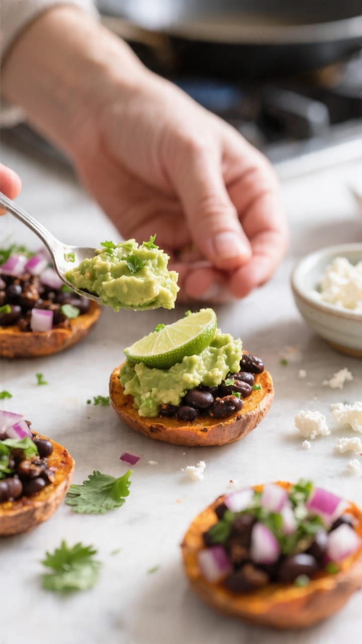 Cooking process: Assembly in progress of loaded sweet potato bites—one round in focus being topped