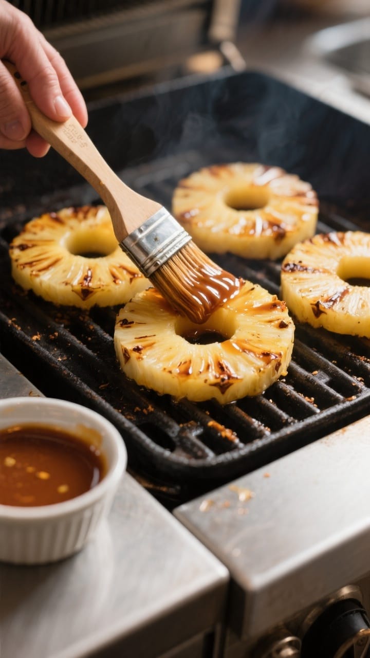 Brushing a final swipe of maple-cinnamon glaze onto grilled pineapple rings 