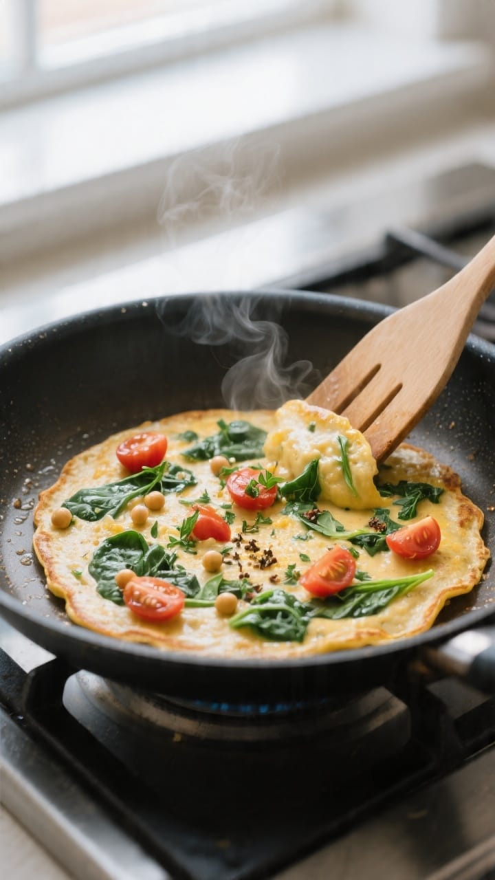 Cooking process: Chickpea flour pancake batter studded with wilted spinach, cherry tomato halves, an