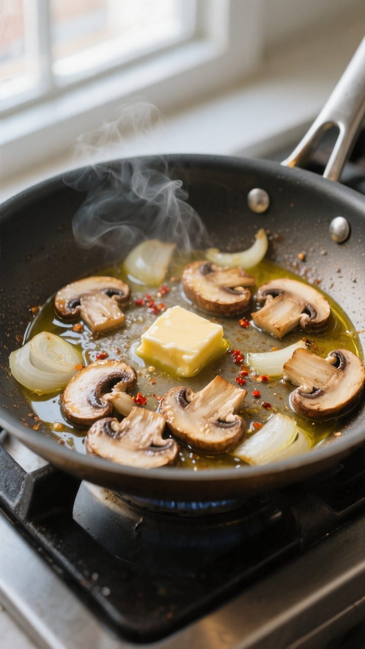 Cooking process close-up: Sliced cremini mushrooms searing in a large stainless skillet with olive o