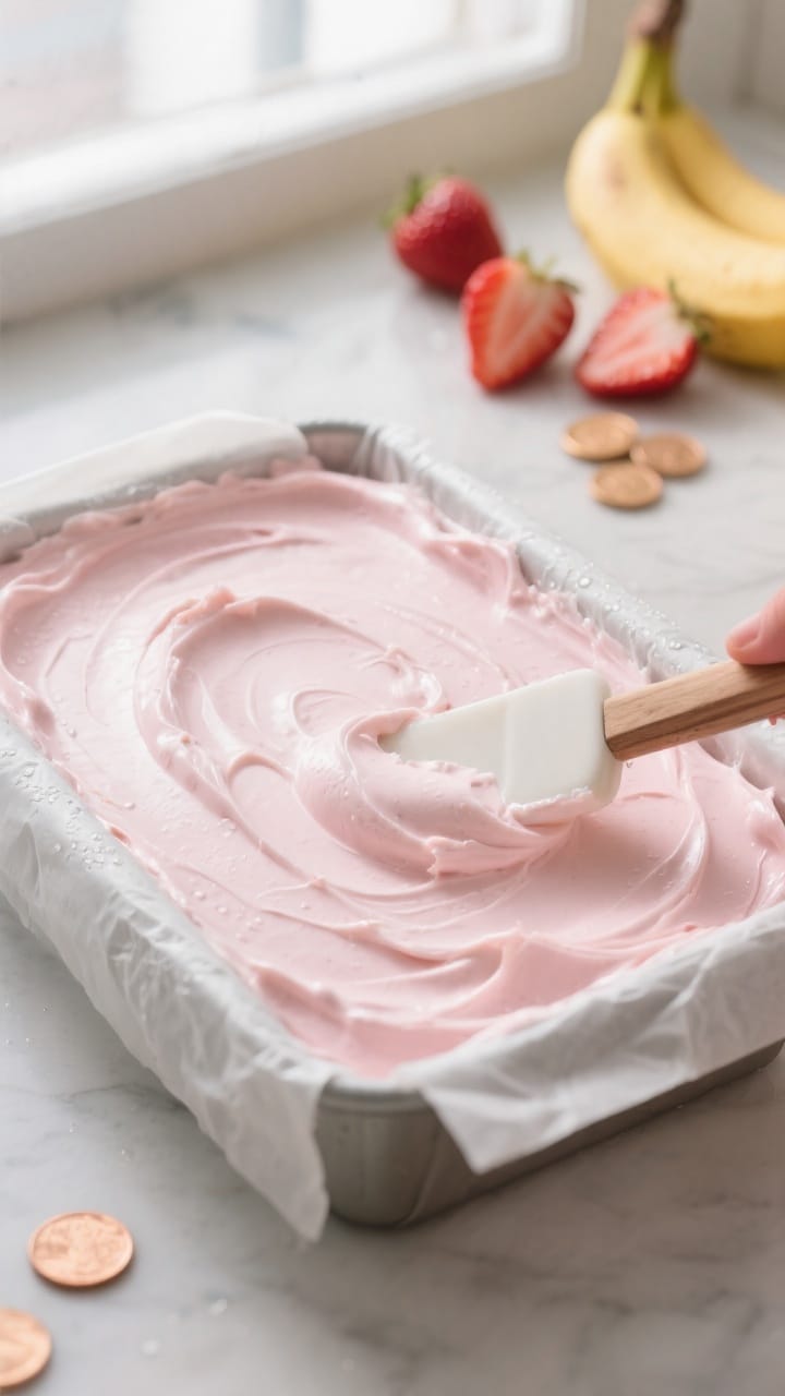 Cooking process: Nice cream being adjusted for firmness—thick, creamy mixture spread evenly in a s