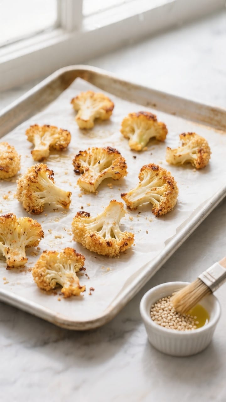 Cooking process: Overhead shot of golden-brown, oven-roasted cauliflower bites on a parchment-lined