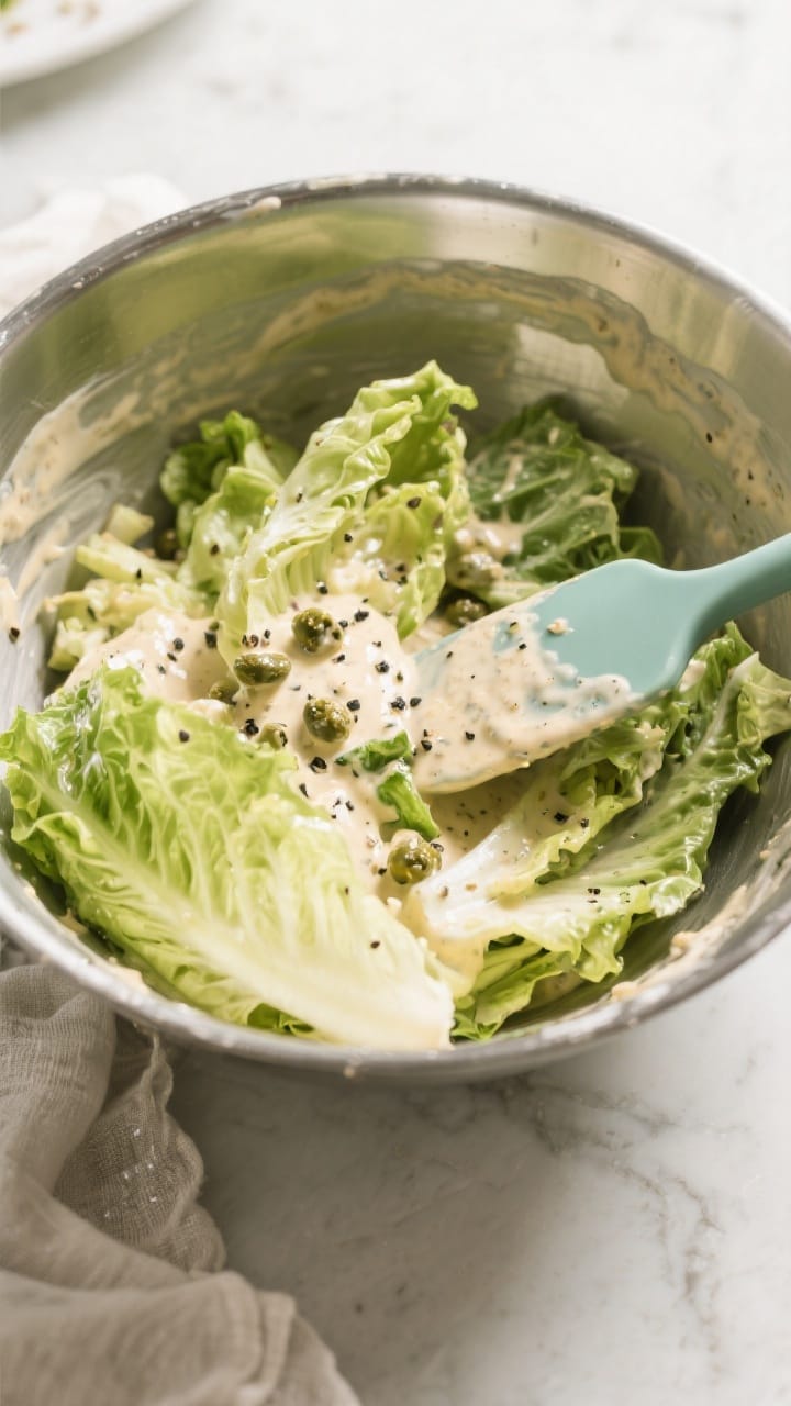 Cooking process: Overhead shot of romaine being lightly tossed with creamy vegan Caesar dressing in 