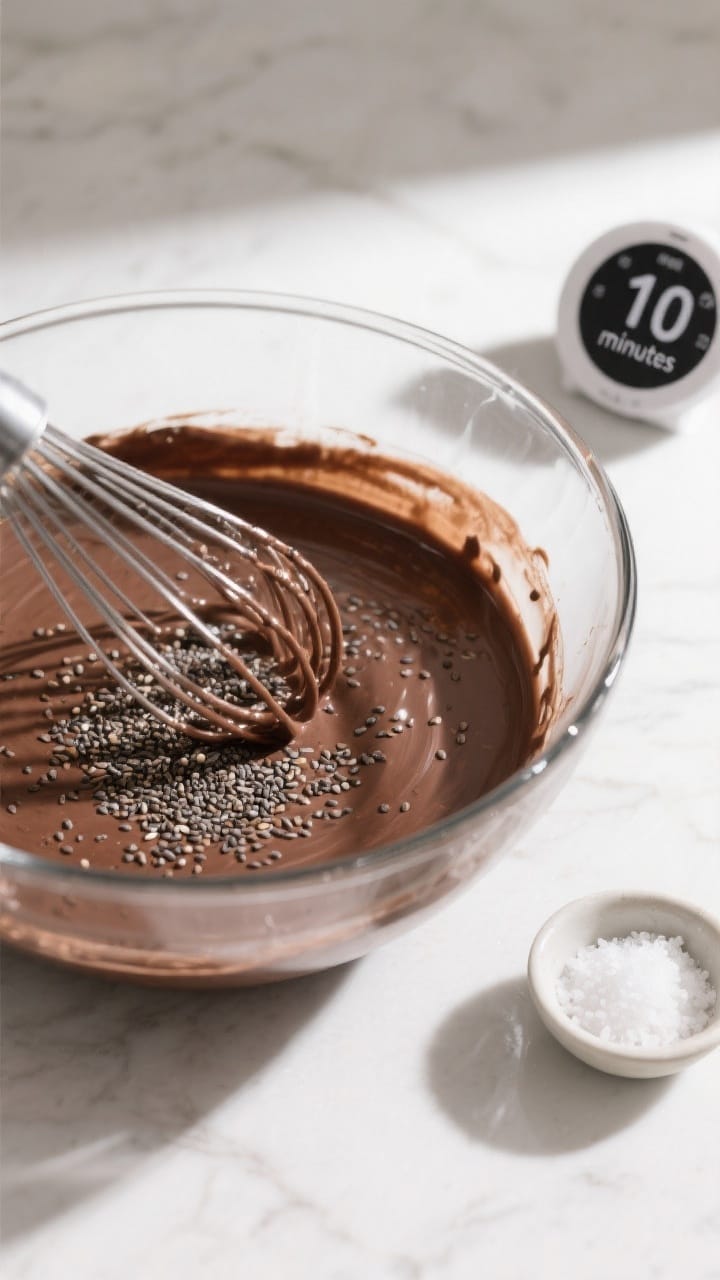 Cooking process: Overhead shot of the blended chocolate base in a clear mixing bowl right after whis