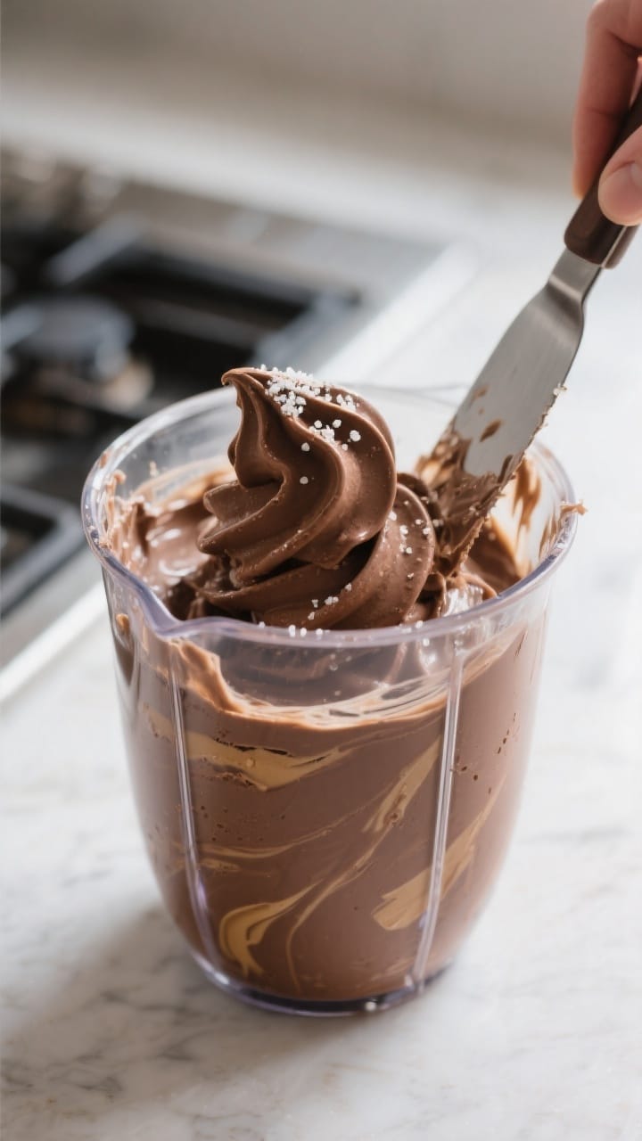 Cooking process: Overhead shot of the blender jar mid-process with the ice cream at soft-serve thick