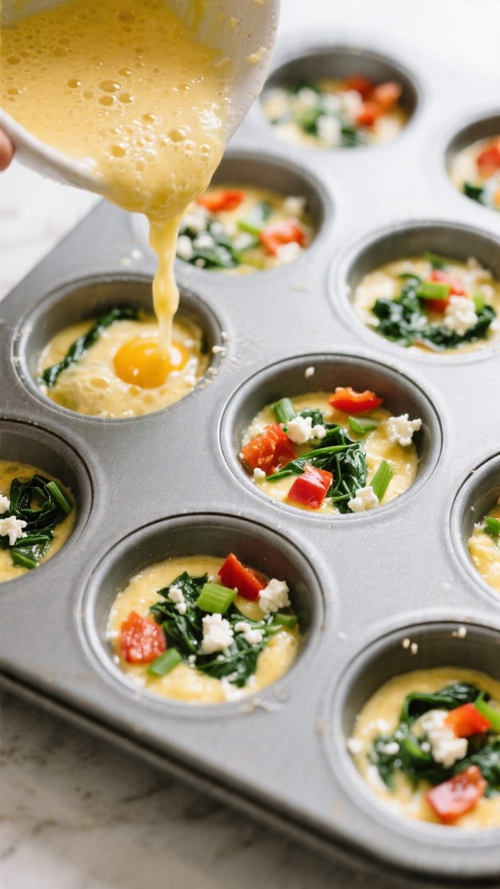 Cooking process: Overhead shot of the egg mixture being ladled into a greased 12-cup muffin tin, sho