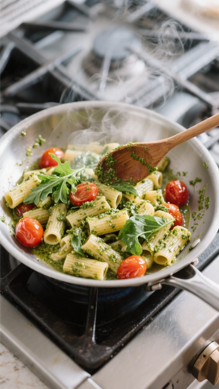 Cooking process: Rigatoni being tossed with arugula pesto and a splash of starchy pasta water in a w