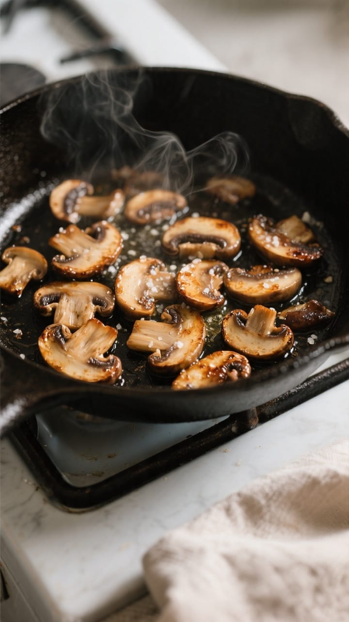 Cooking process: Sautéed mushrooms in a skillet at peak caramelization—shiitake and cremini slice