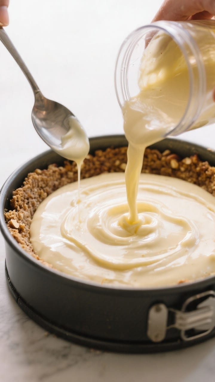 Cooking process: The pressed almond–date crust evenly compacted in a springform pan, its surface s