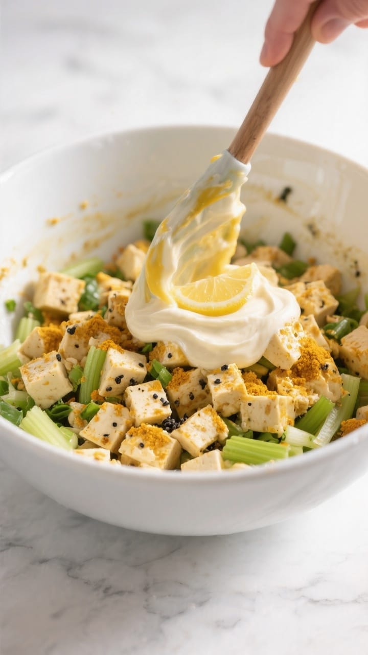 Cooking process: The tofu salad being mixed in a wide, white mixing bowl—spatula gently folding in