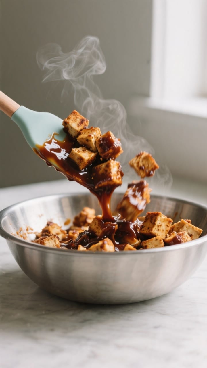 Cooking process: Tossing the hot, baked tofu crumbles with glossy smoky BBQ sauce in a stainless ste