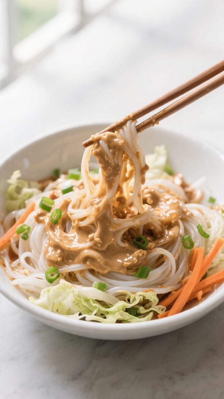 Cooking process: Vermicelli rice noodles being tossed with spicy peanut sauce in a large white bowl,