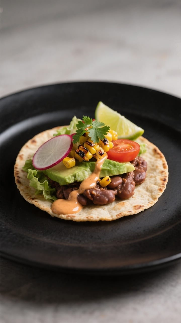 Final dish beauty: Restaurant-quality single tostada plated on a matte black plate, three-quarter an