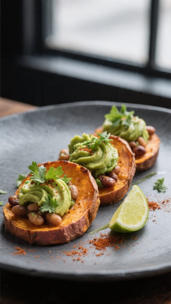 Final dish hero: Restaurant-quality plated sweet potato rounds on a slate-gray plate, artfully stagg