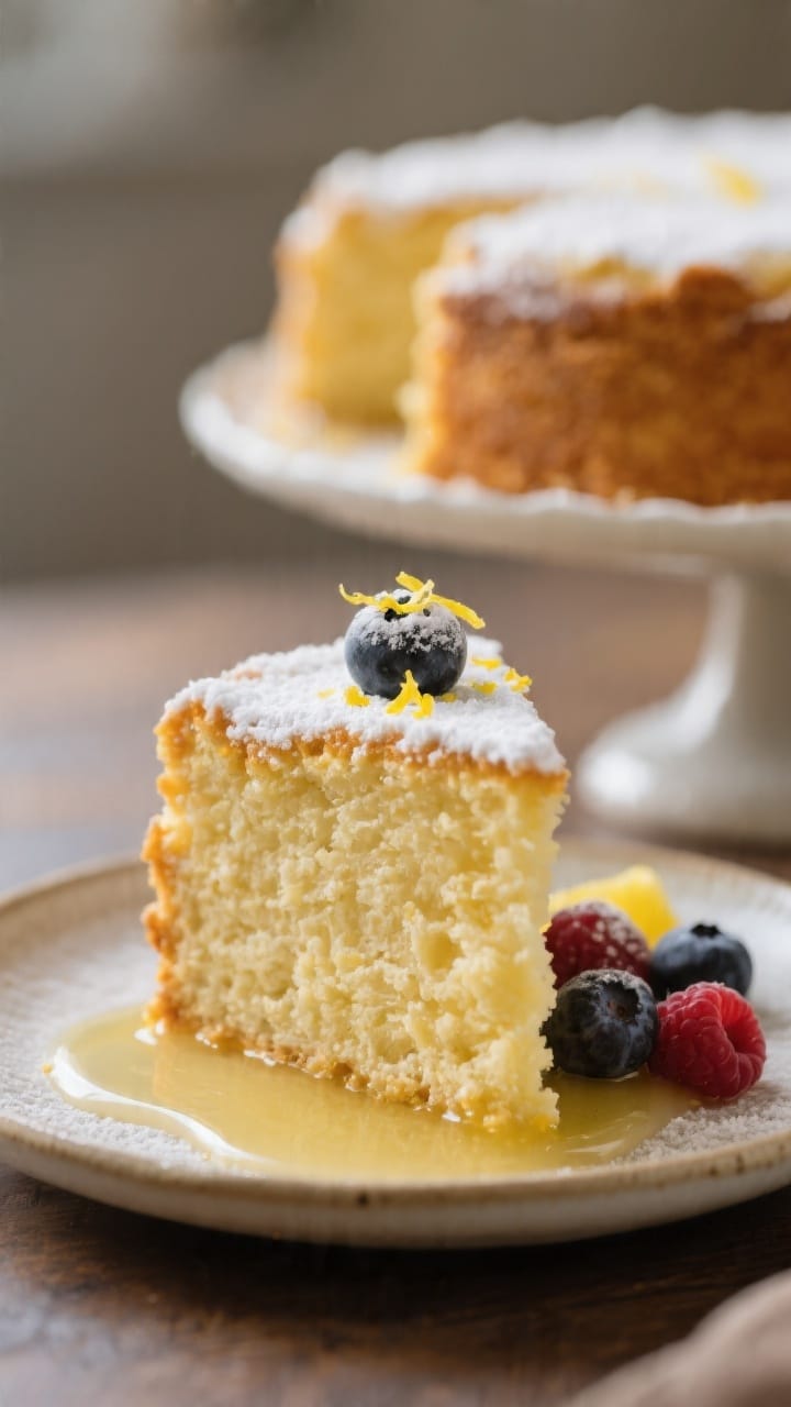 Final dish presentation: A single slice of lemon ricotta cake on a small ceramic dessert plate, lush