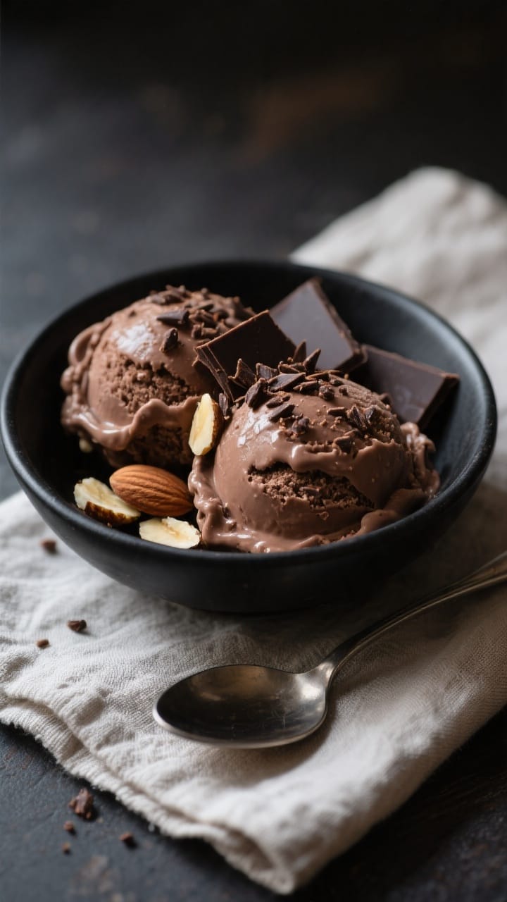 Final dish presentation: Beautifully plated scoops of vegan chocolate banana ice cream in a matte bl